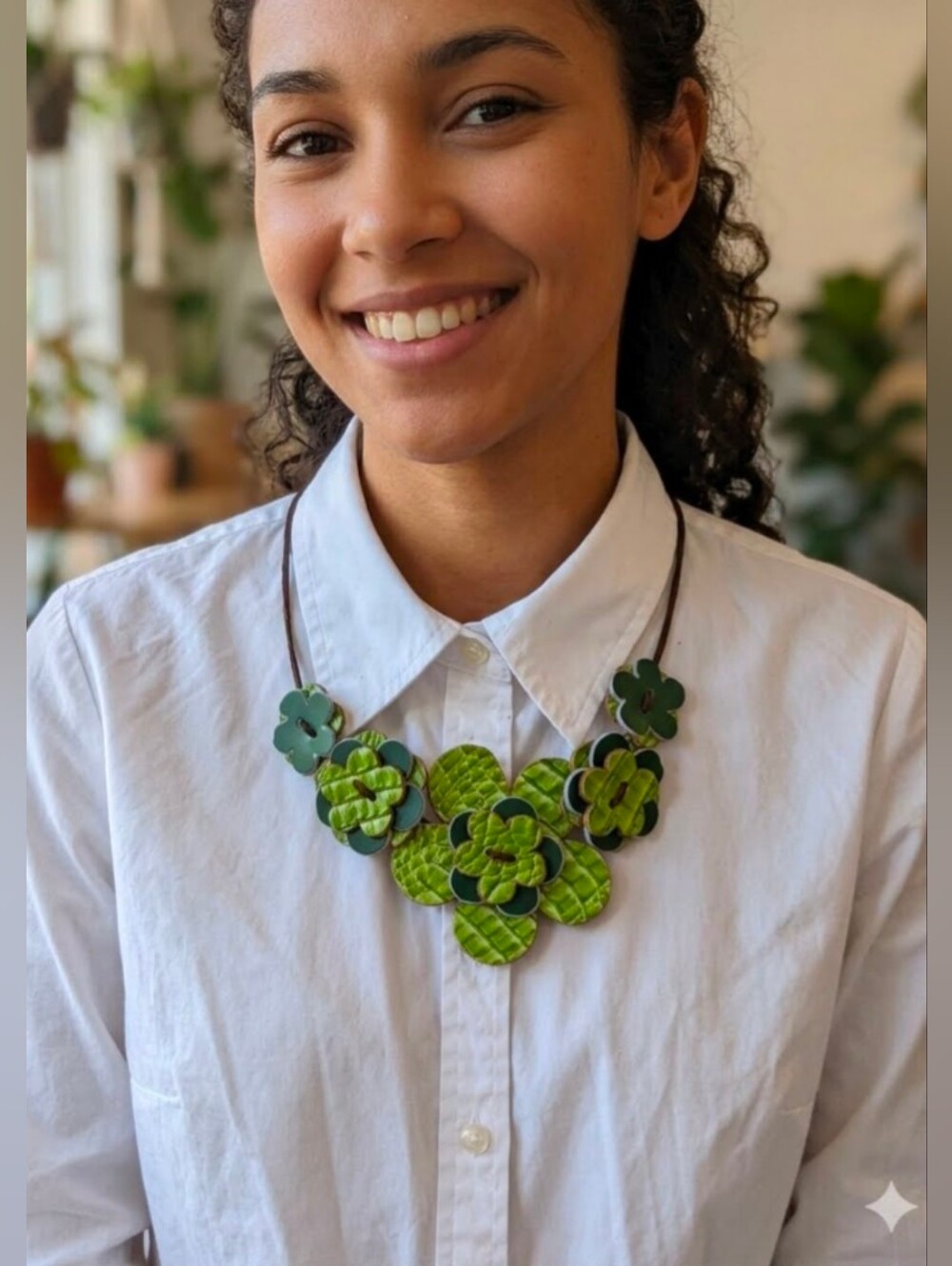 Handmade Genuine Leather Lime Sage Teal Olive Green Floral Statement Necklace 01